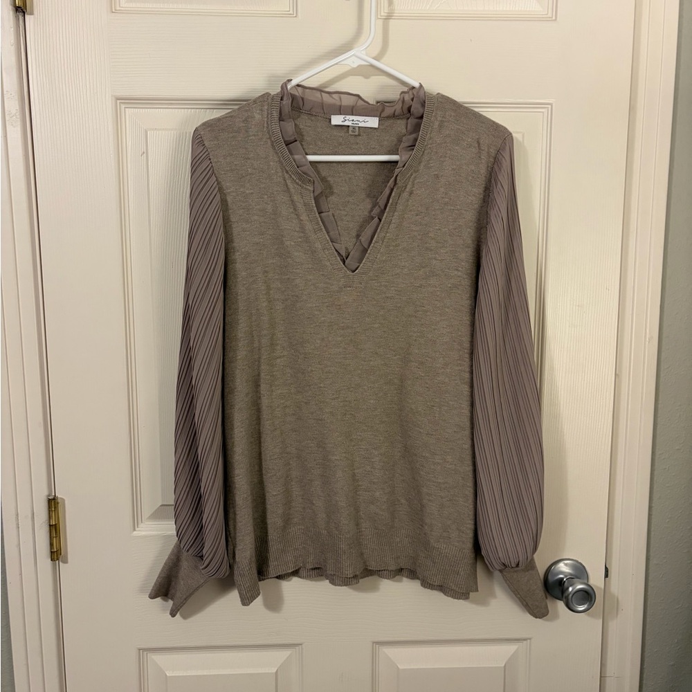 Sioni Milano Mixed‑Media Sweater Top with Pleated Sleeves – XL